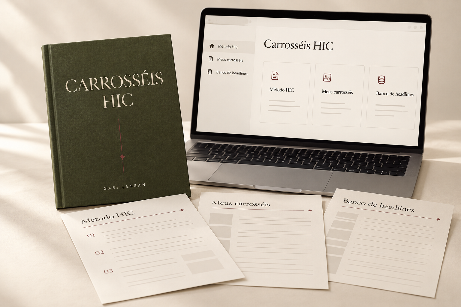 Mockup ilustrativo do Carrosséis HIC: caderno com o método em PDF e computador com uma proposta de organização no Notion